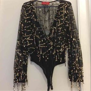 Sheer Black, Gold Sequined Body Suit