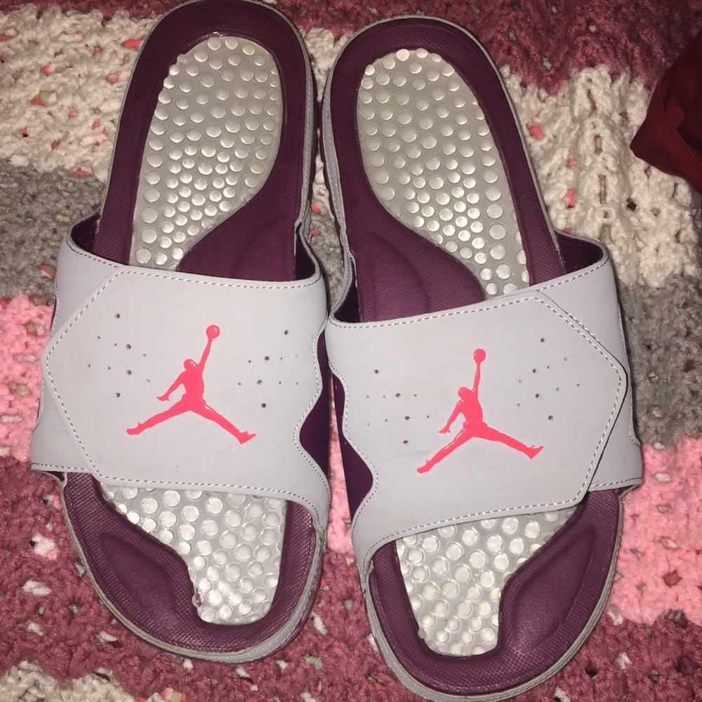 Light grey and purple Jordan slides