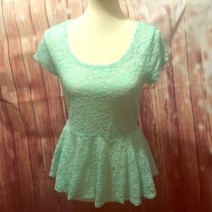 Light Teal Lace peplum short sleeve top SZL(11-13)
