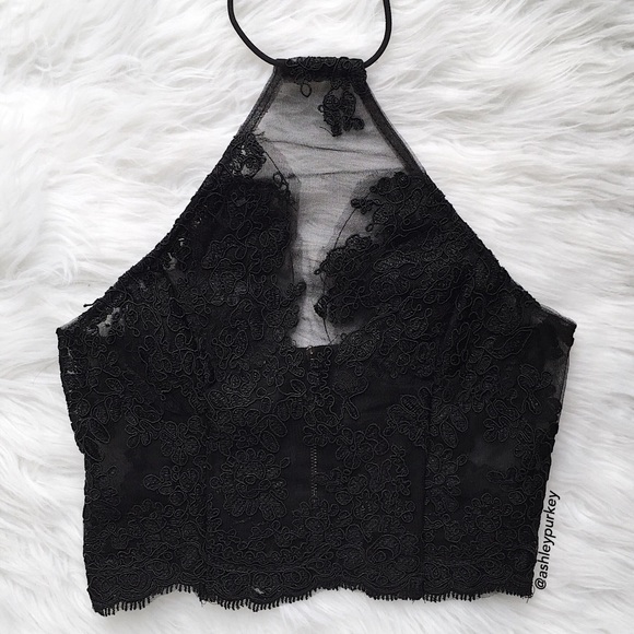 black floral embroidered halter crop top - Picture 2 of 4