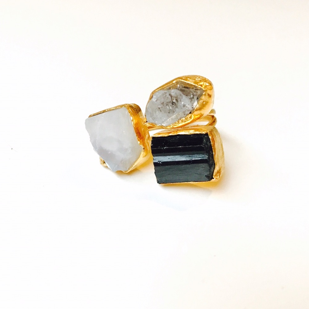 Herkimer Diamond, Tourmaline, Moonstone Ring 24K