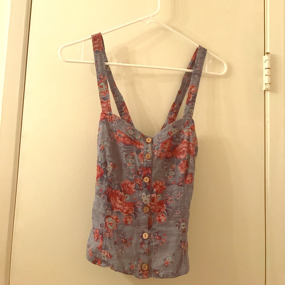 Denim floral button down tank