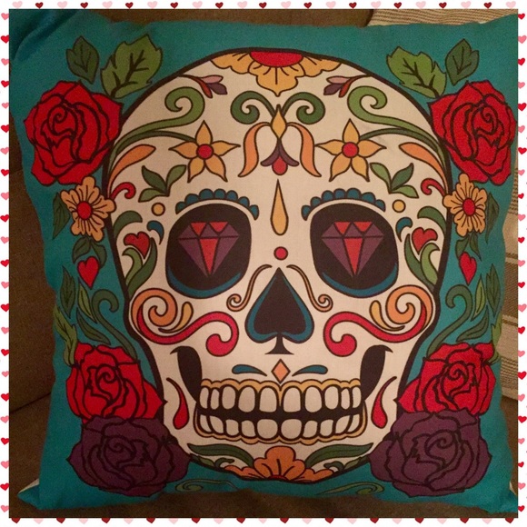 NWT Aqua, Red & Purple Skull Decorative Pillow π - Picture 2 of 7