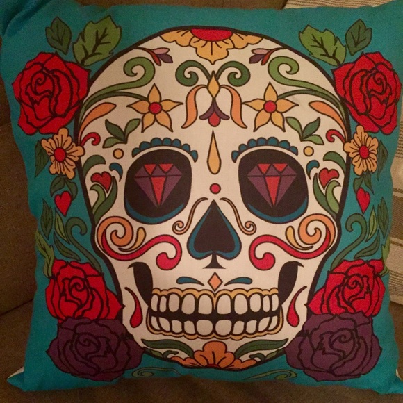 NWT Aqua, Red & Purple Skull Decorative Pillow π - Picture 6 of 7