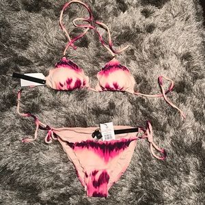 VIX Pink Ikat Bikini Set - rushed back & side ties