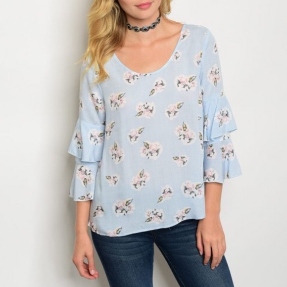 SALE Blue Floral Bell Sleeved Blouse - Picture 2 of 4