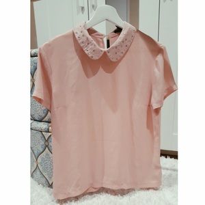 Soft Pink Embellished Blouse with Beaded Collar