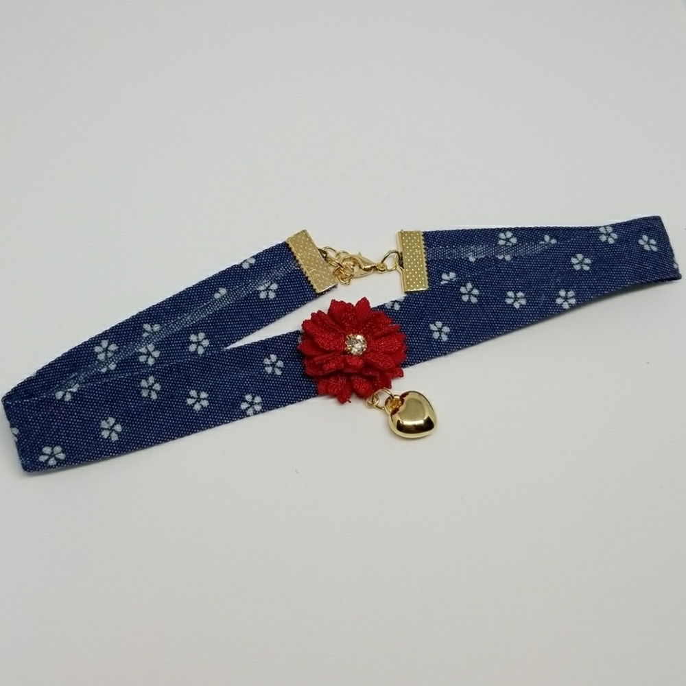 Flower & Heart Denim Choker