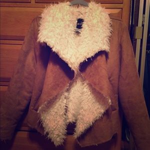 Tan suede drape front coat with faux fur