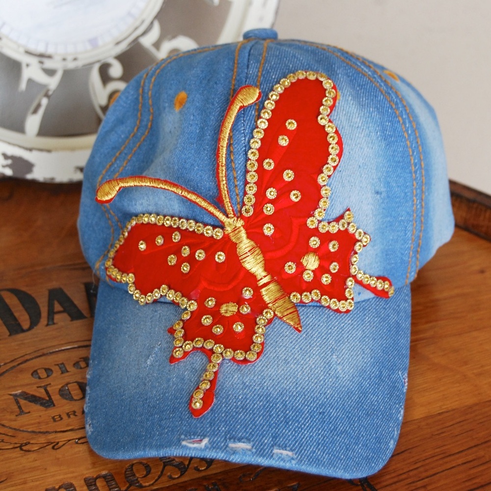 Red Gold Rhinestone Denim Distressed Baseball Cap