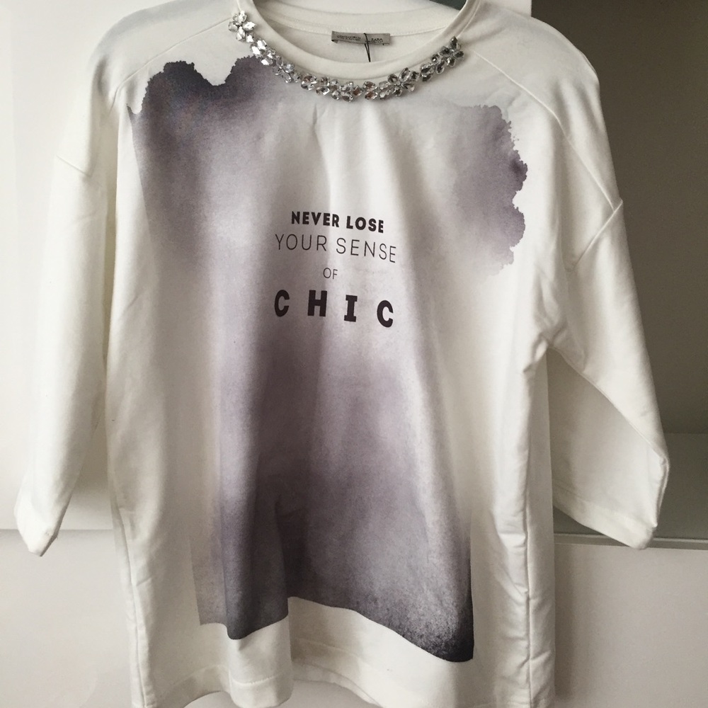 Zara embellished crystal graphic tee top, size M