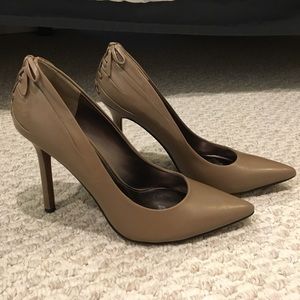 Taupe Enzo Angiolini Heels with Lace Up Bow Back