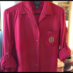 Lauren red silk shirt with gold buttons. Size PS