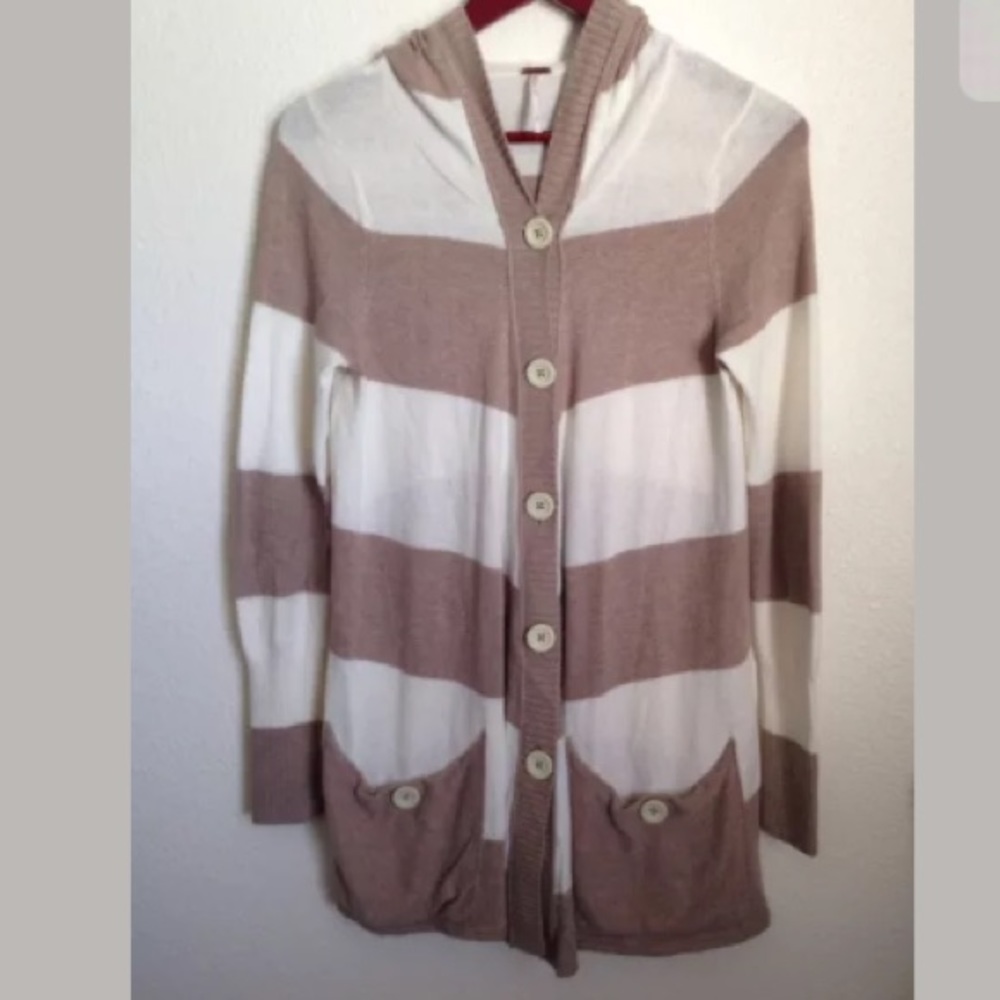 Free People Ivory and Tan Hooded Long Cardigan