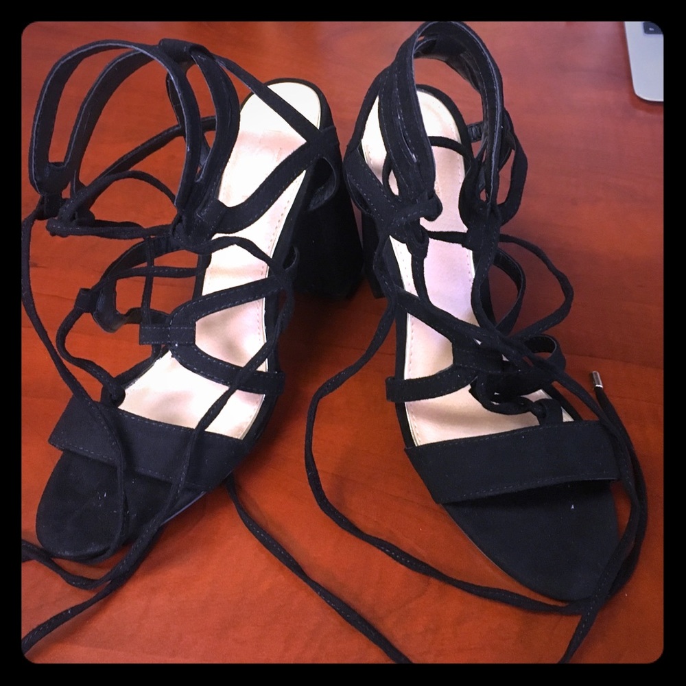 Strappy Lace Up Ann Taylor Loft Black Stack Heel