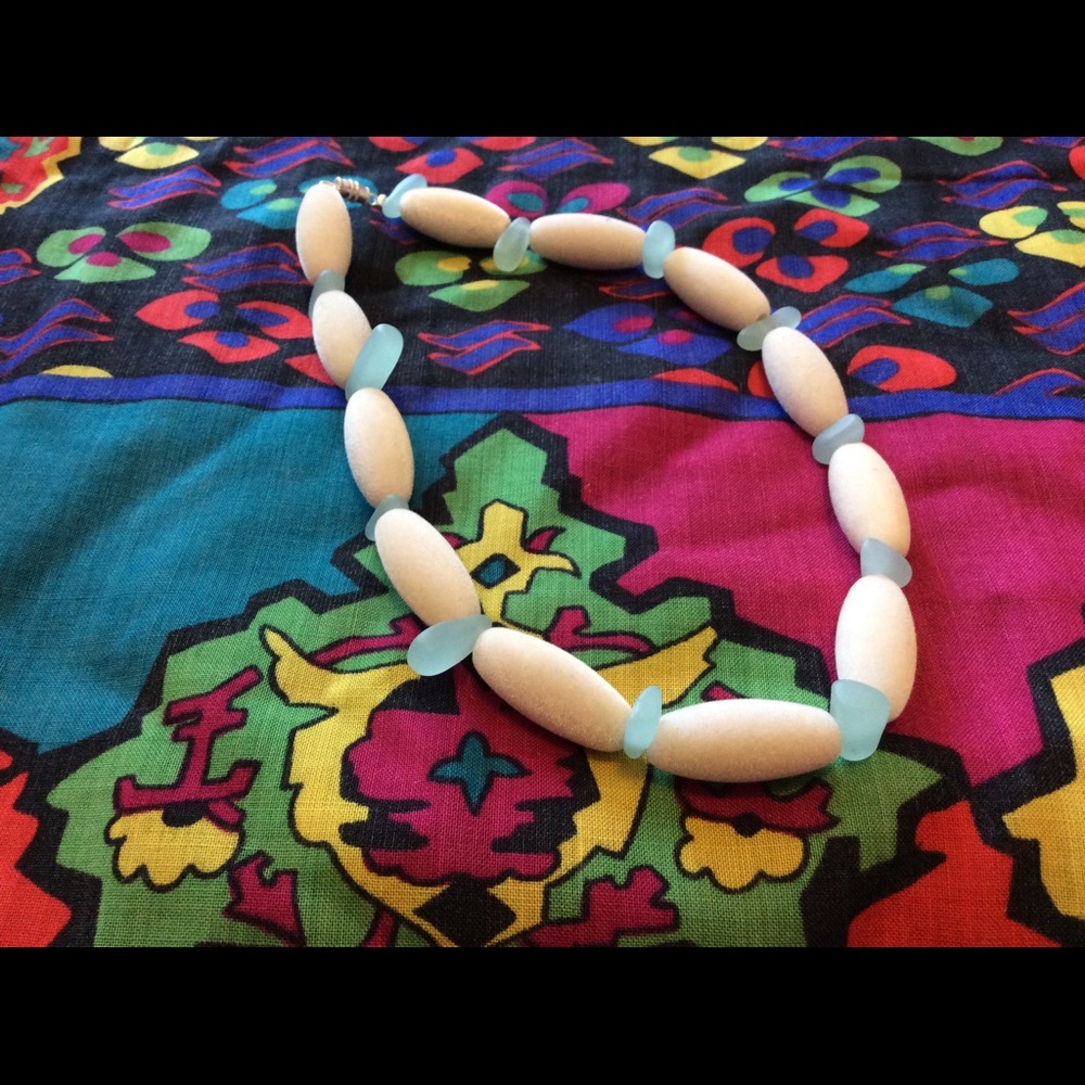 Handmade white velvet and blue sea glass necklace