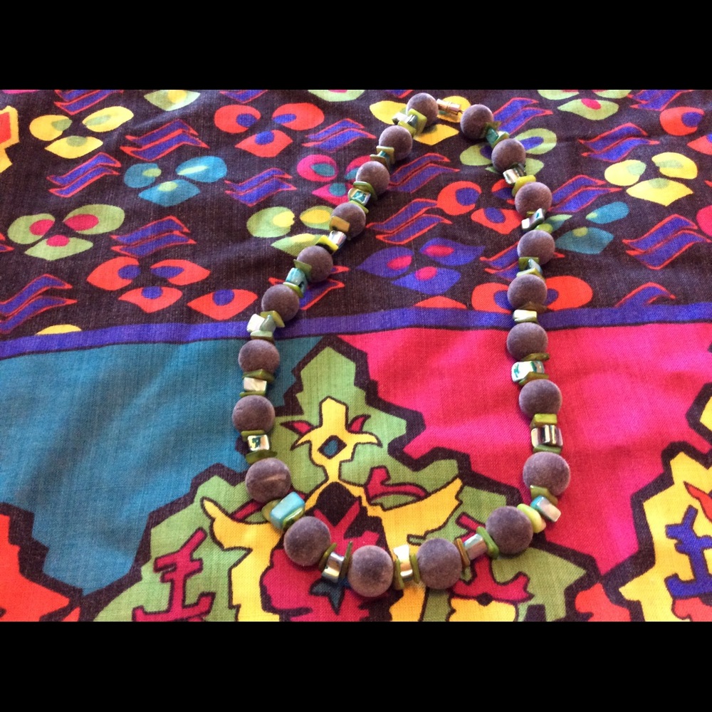 Handmade grey velvet w/multicolored shell necklace
