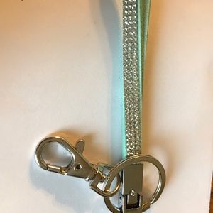 Key Fob Clip Pale Green Leather Jeweled