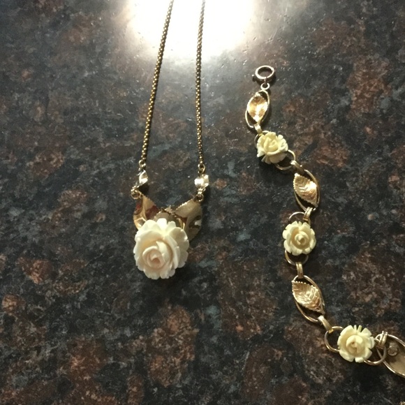 Estate Sale Jewelry - 12K Vintage Gold Rose Necklace & Bracelet