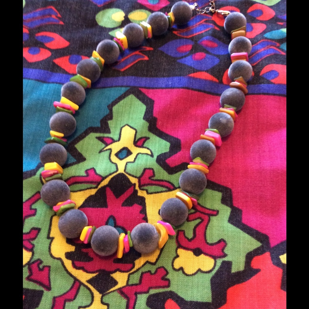 Handmade grey velvet  w/multicolor shell necklace