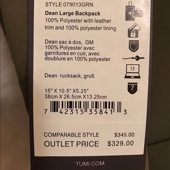 Tumi Dean Unisex Backpack Green/Tan Verona NWT