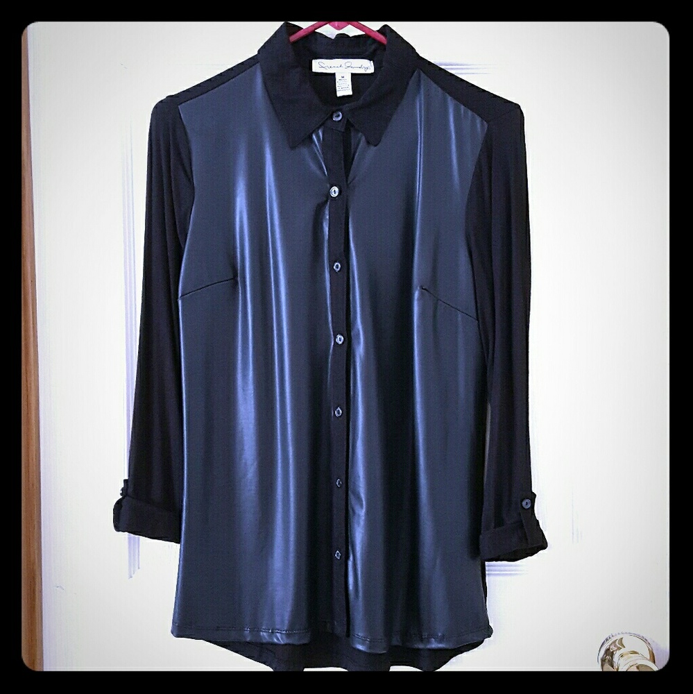 Faux Leather Button-down Collar Shirt