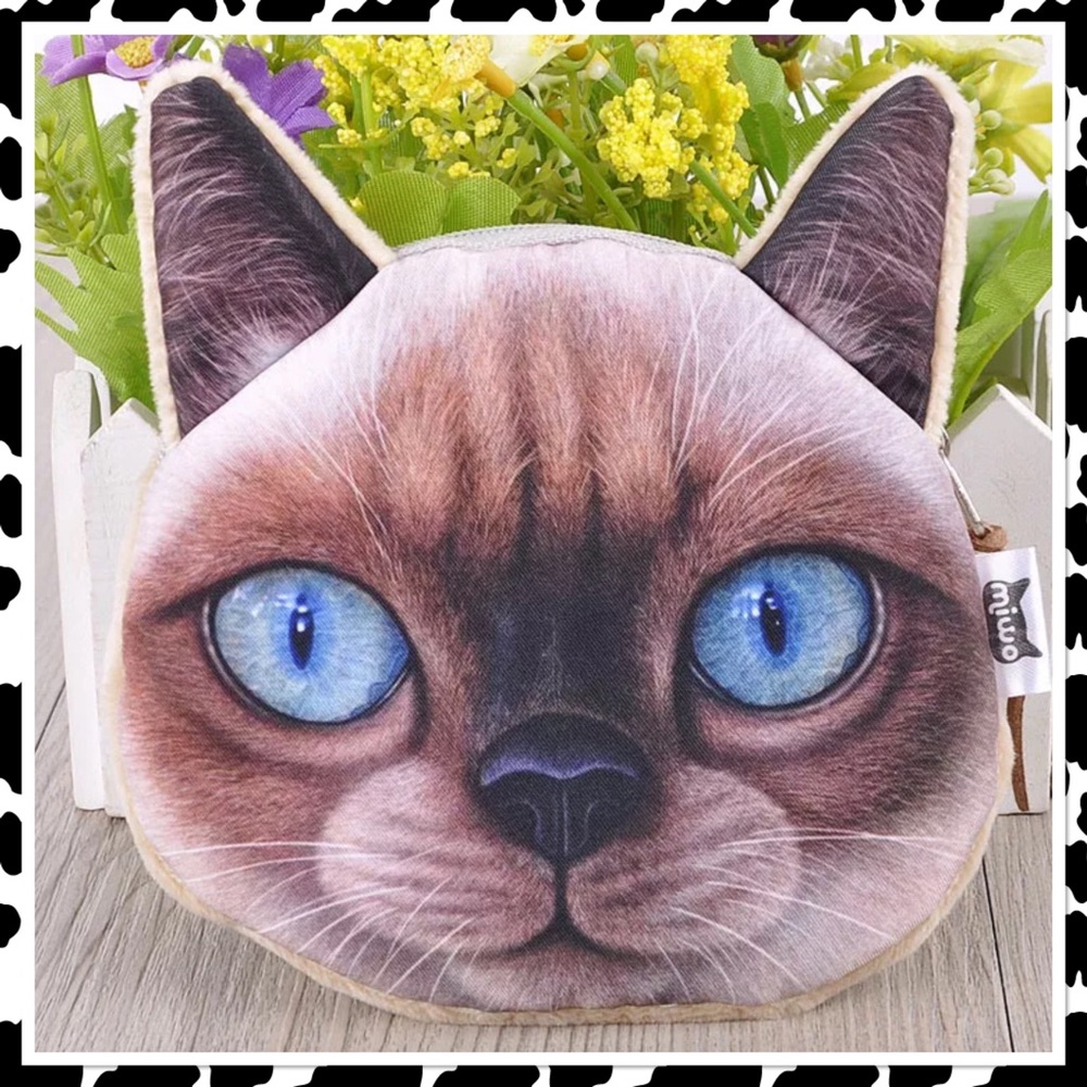 3D cute cat face shiny eyes zipper coin purse
