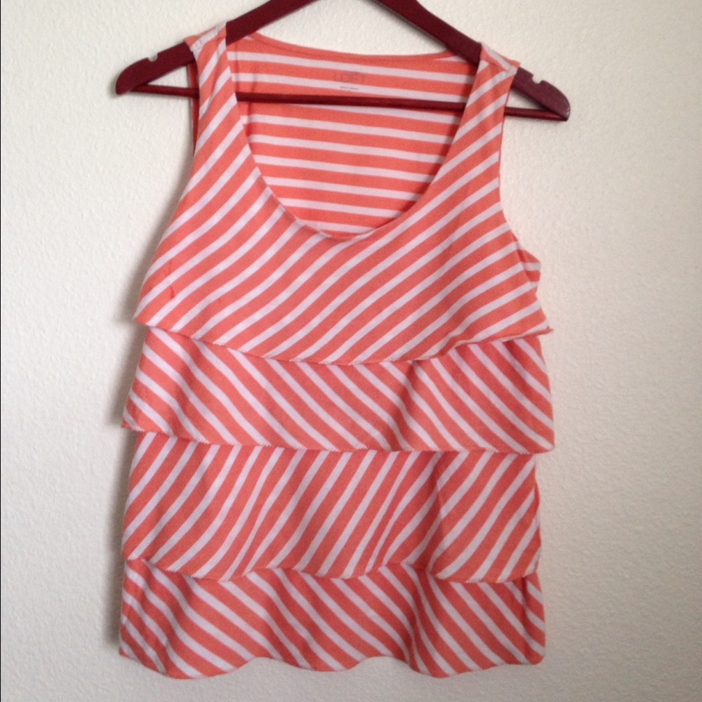 Ann Taylor Loft S Ruffle Coral Stripe Top