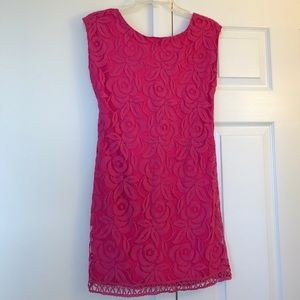 Magenta lace-overlay sleeveless dress