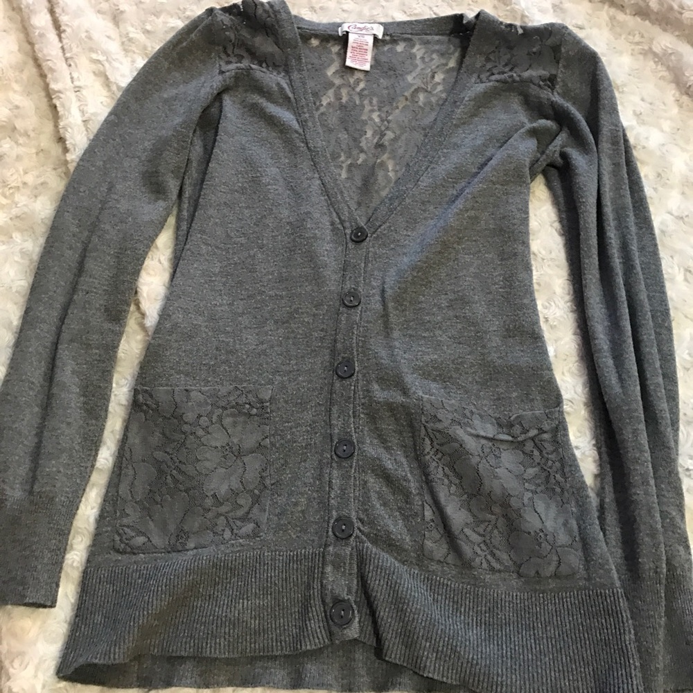 Button up cardigan with lace details.