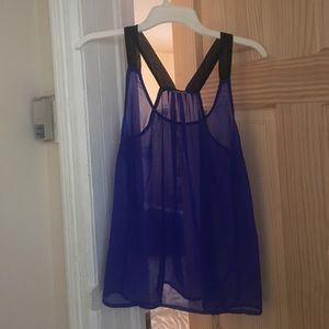 Dark blue see-through tank top with black straps