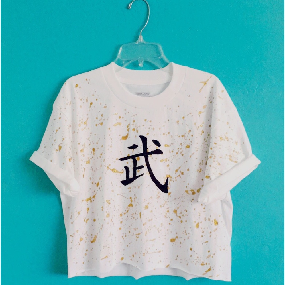 "Warrior" Hiragana Gold Embellished Crop Tee
