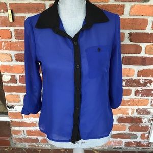 Royal blue black trim sheer button up top