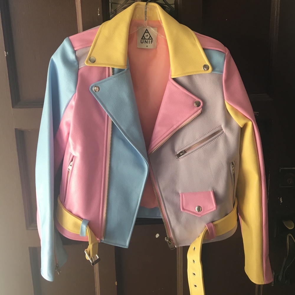 UNIF Vegan Leather Pastel Colorblock Moto Jacket