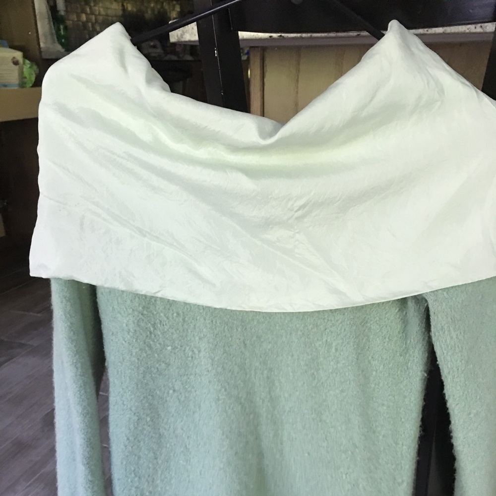 Light turquoise off the shoulder sweater with silk