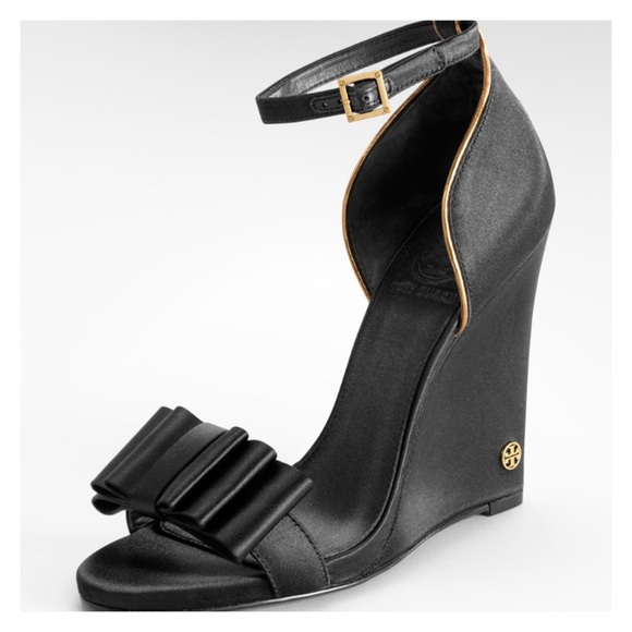 Tory Burch Shoes - TORY BURCH BLACK & GOLD SATIN WEDGE