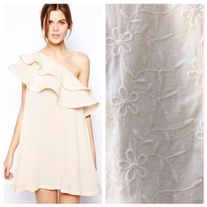 ASOS Cream One Shoulder Dress With Ruffle Detail ASOS Cream One Shoulder Dress With Ruffle Detail