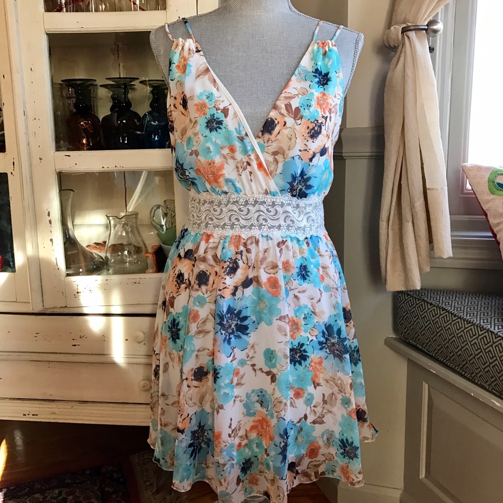 Blue, White, and Orange Flowy Windsor Dress