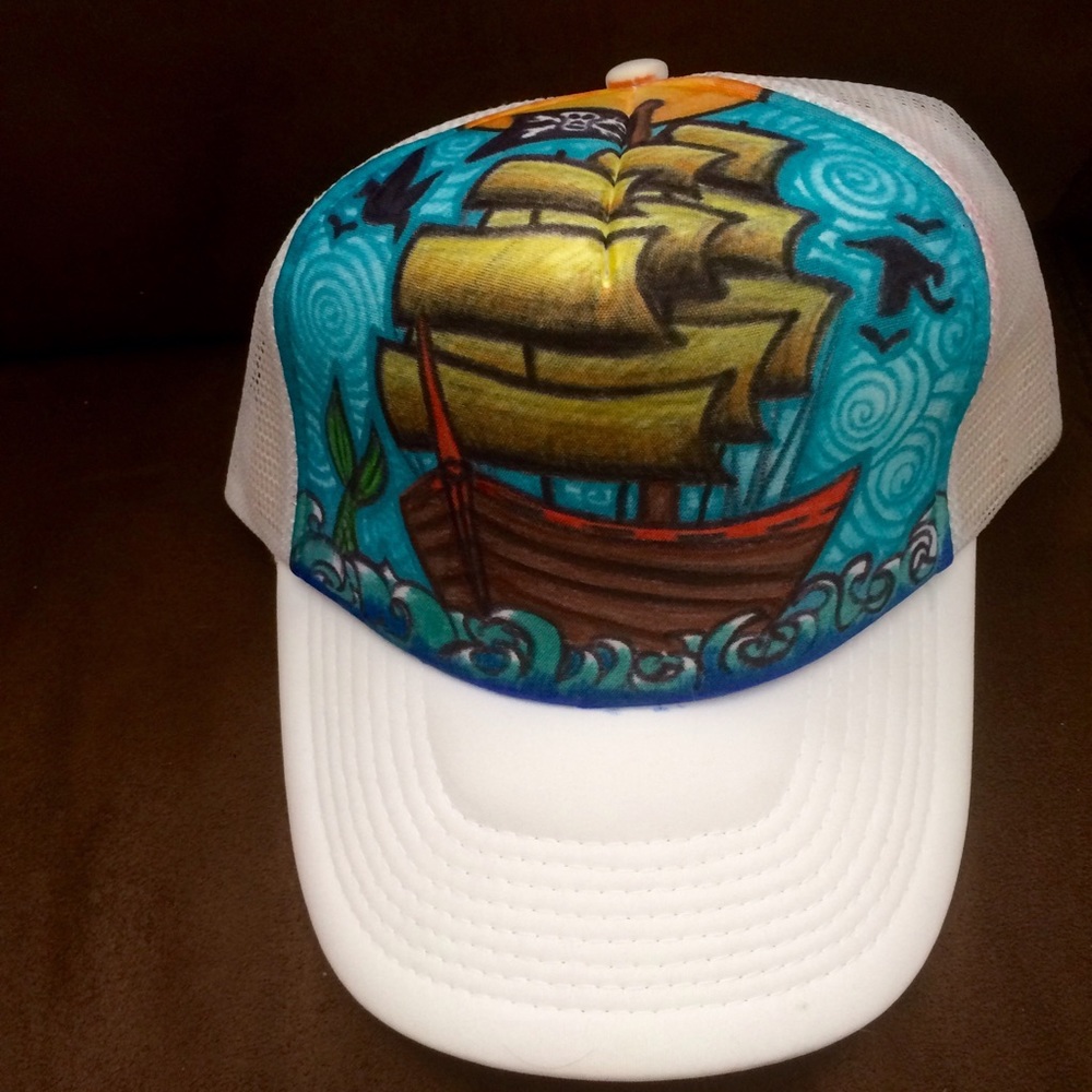 Pirate ship hand-drawn sea ocean trucker cap