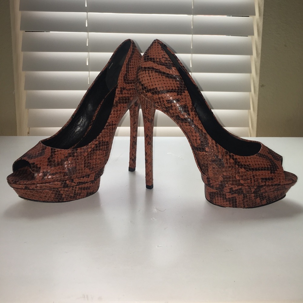Brian Atwood brown snack skin heels