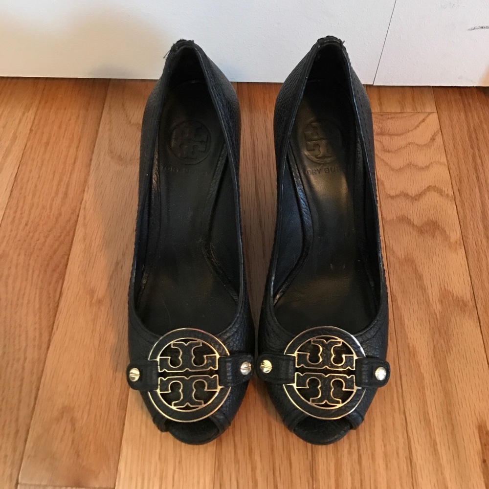 Black Tory Burch peep toe wedges -size 6