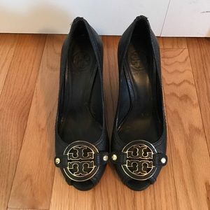 Black Tory Burch peep toe wedges -size 6