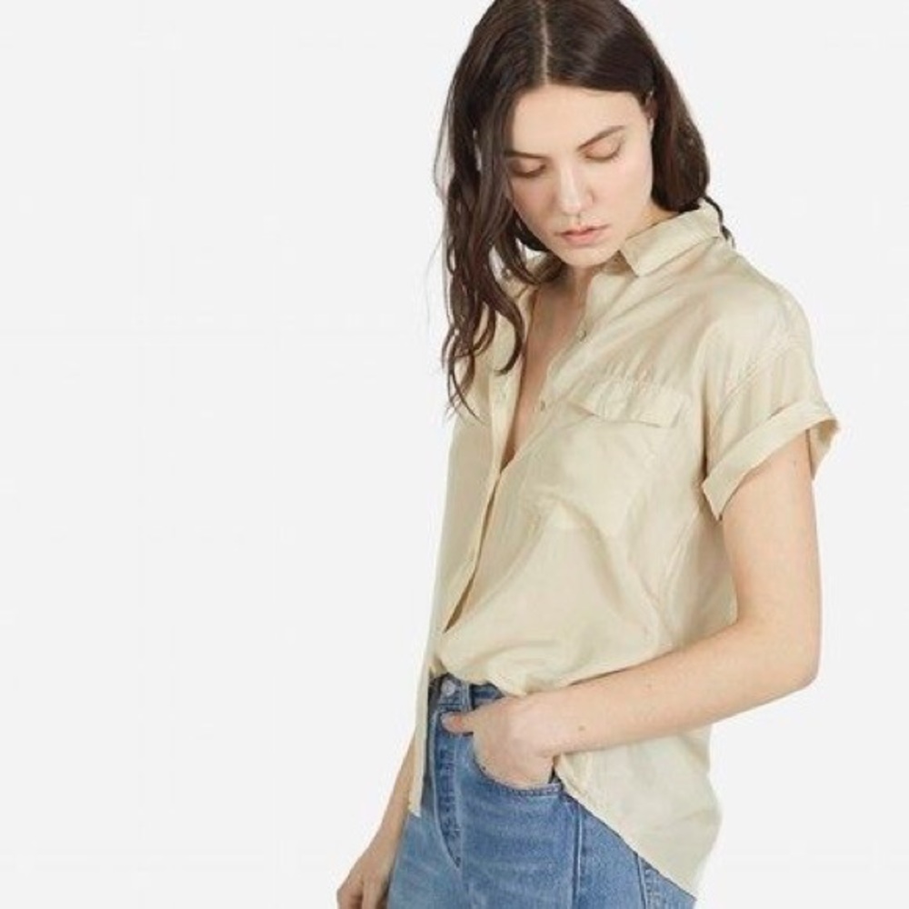 Ever lane habotai silk short sleeve blouse in ecru