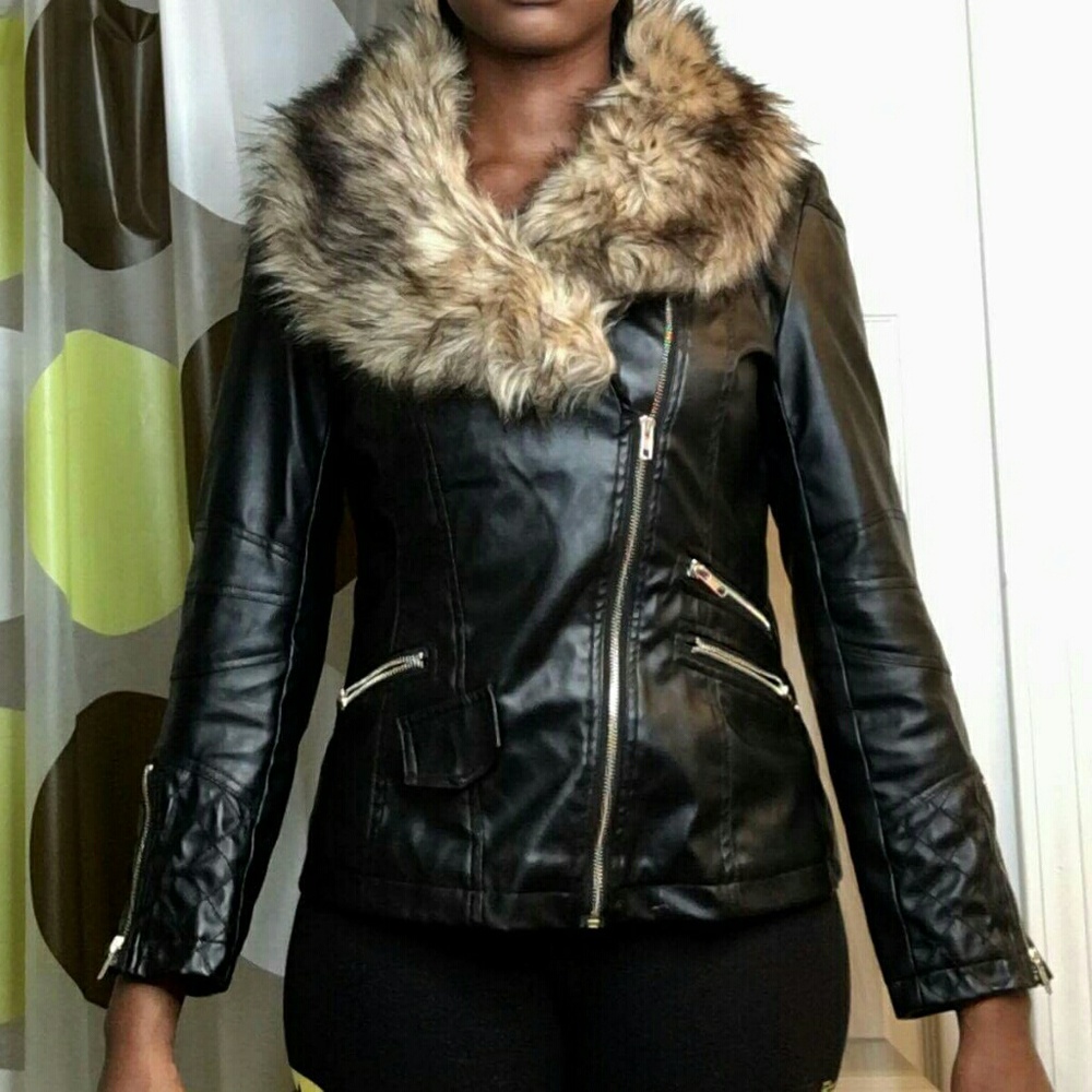 Faux Leather Jacket w/ Fur Collar