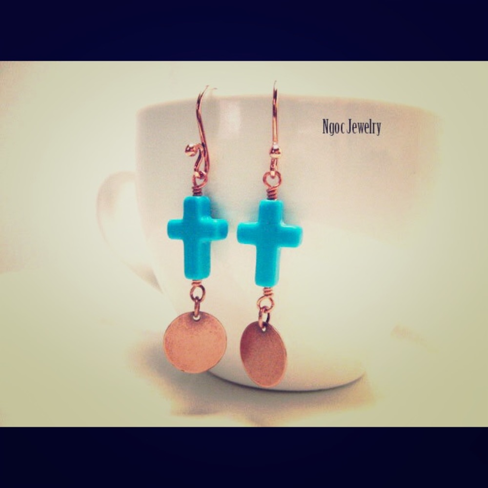 Turquoise Cross And Copper Disc Earrings