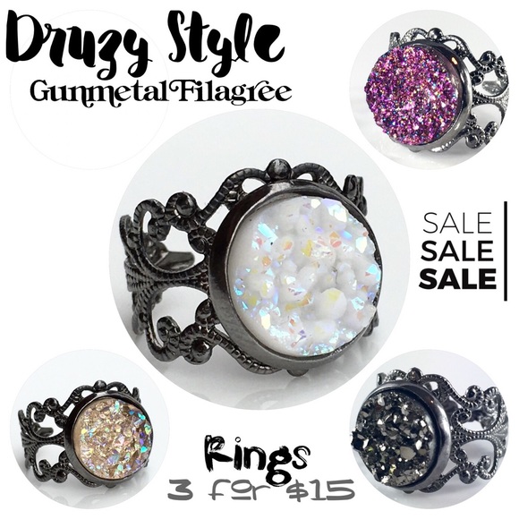 3 for 15🎀 Faux druzy Gunmetal filagree rings - Picture 2 of 8