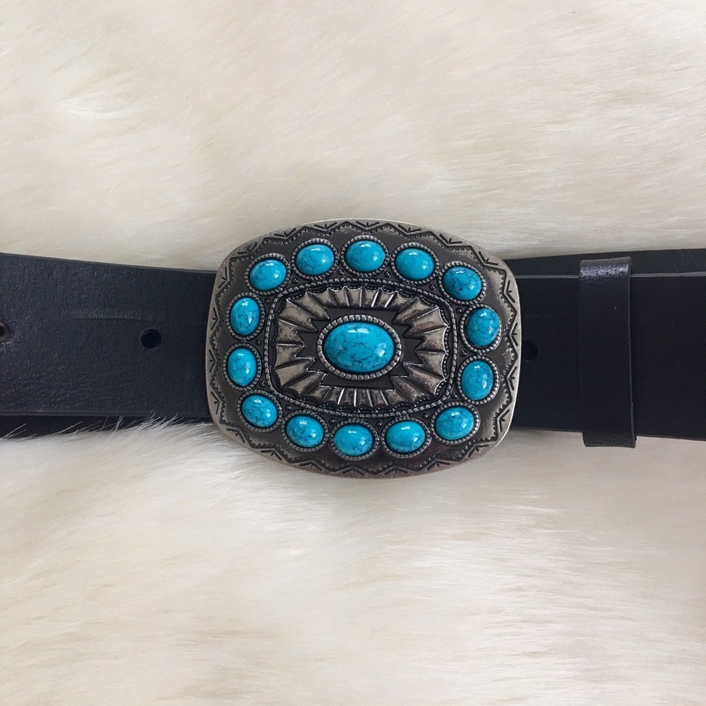 Black leather belt and Turquoise buckle