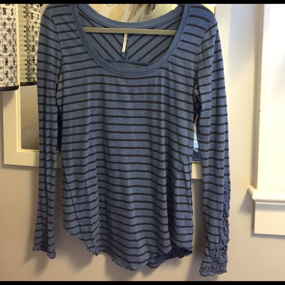 Free People blue and grey striped thermal cuff top