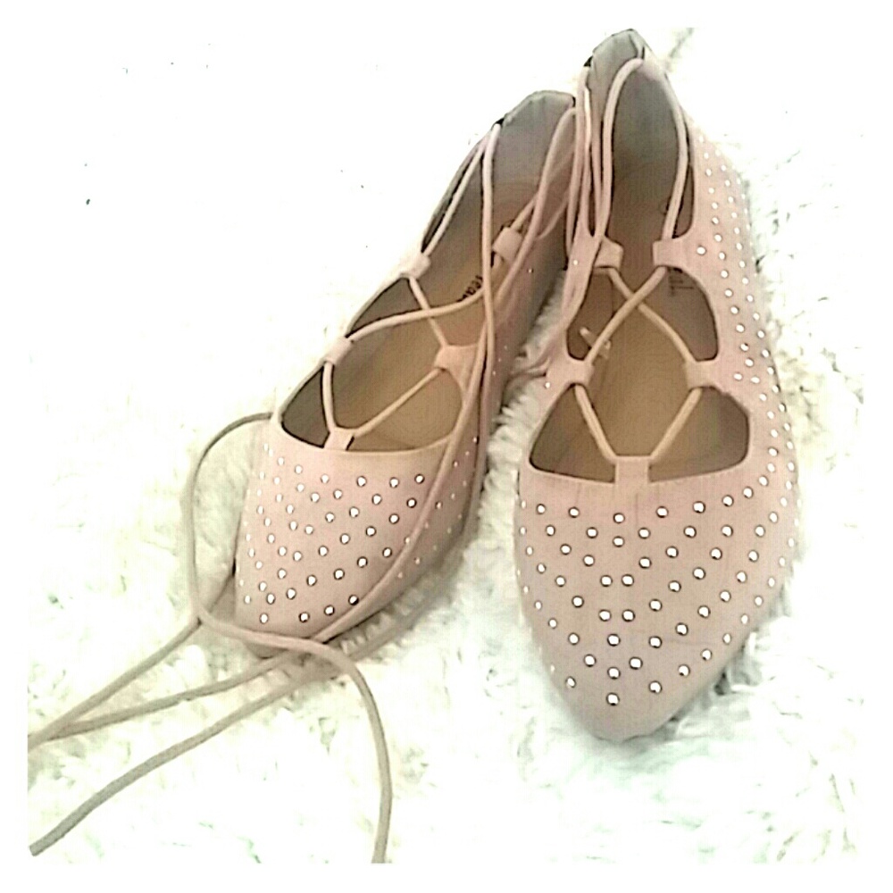 Blush pink studded lace up ballet flats