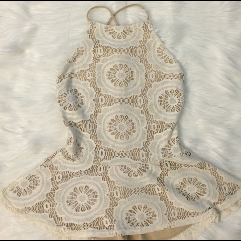 Precious peplum top tan and white